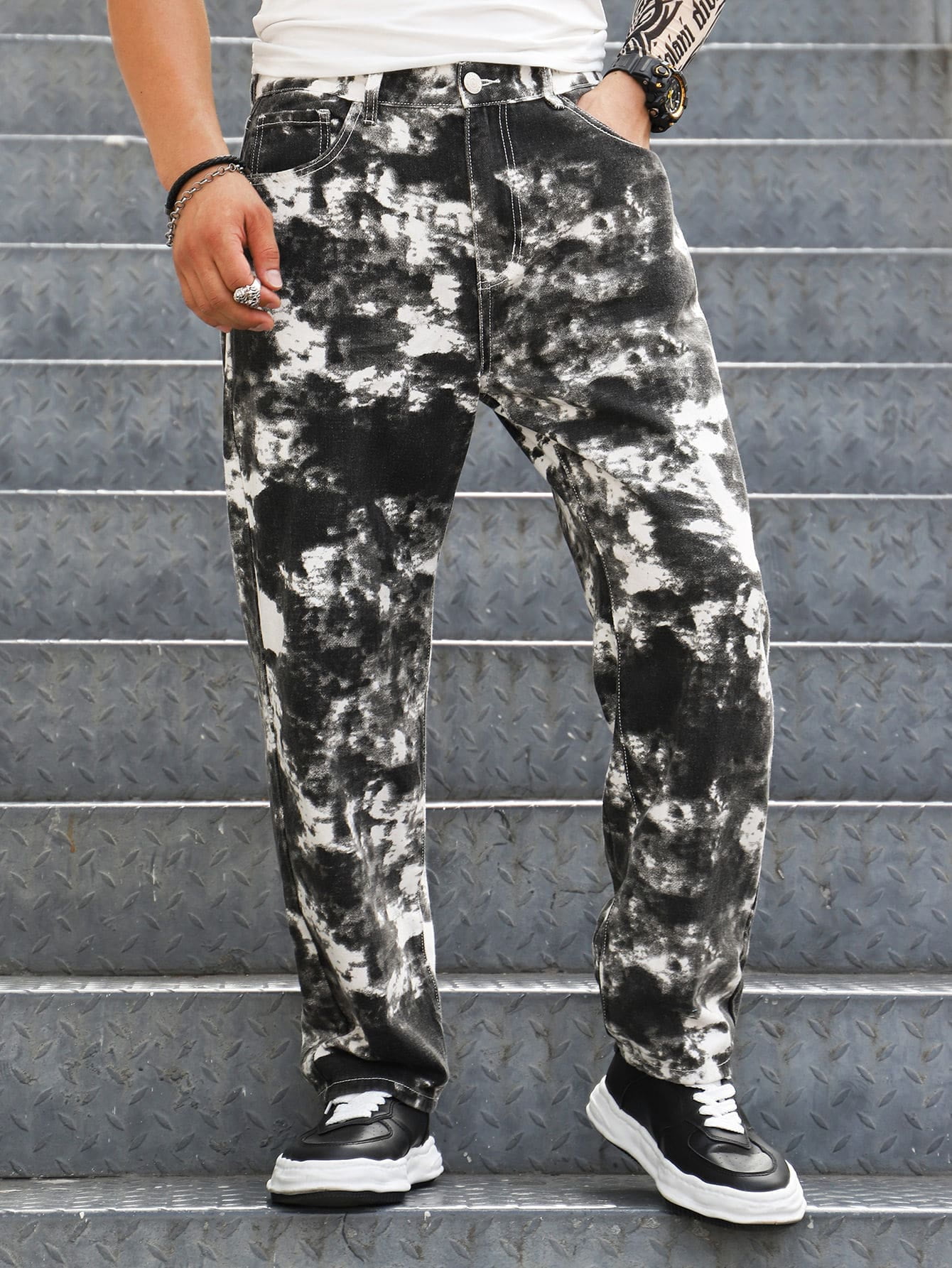 Black and White Men Random Tie Dye 