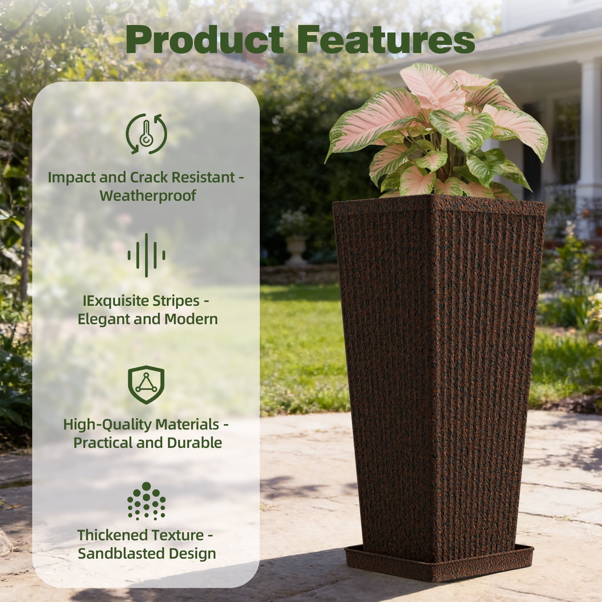 Chiccushion 23.6 inch Tall Planter Set of 2, Large Plastic Round Planter for Outdoor Indoor Garden Patio Front Door, Brown