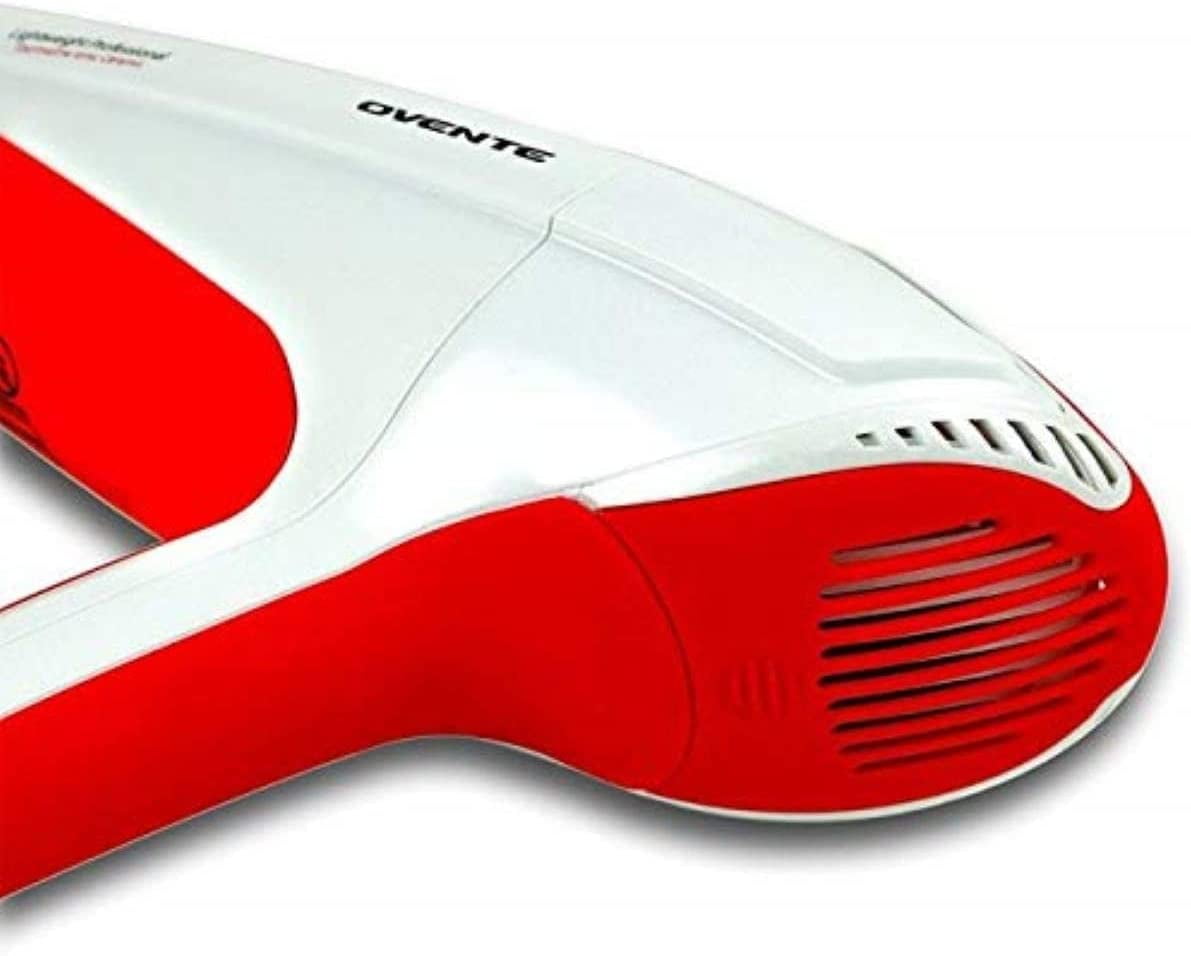 OVENTE 1875 Watt Lightweight Hair Dryer, Ionic & Tourmaline Technology, White & Red X2210W