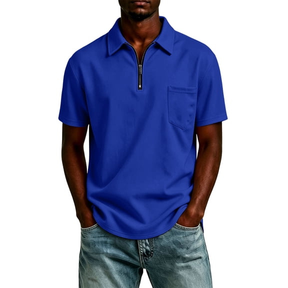 Mens Zip Neck Casual Short Sleeve Tops Cotton Soft Breathable Pocket Polo Shirts For Commute Outdoor Leisure XL