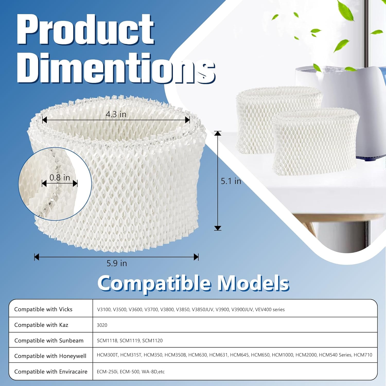 WF2 Humidifier Filter Replacement for Vicks Kaz Humidifier Starry Night Cool Mist V3500N V3700 V3100 V3900 Sunbeam 1118 1119 Honeywell HCM-300T HCM-350 WA-8D Enviracaire ECM-500 6 Pack