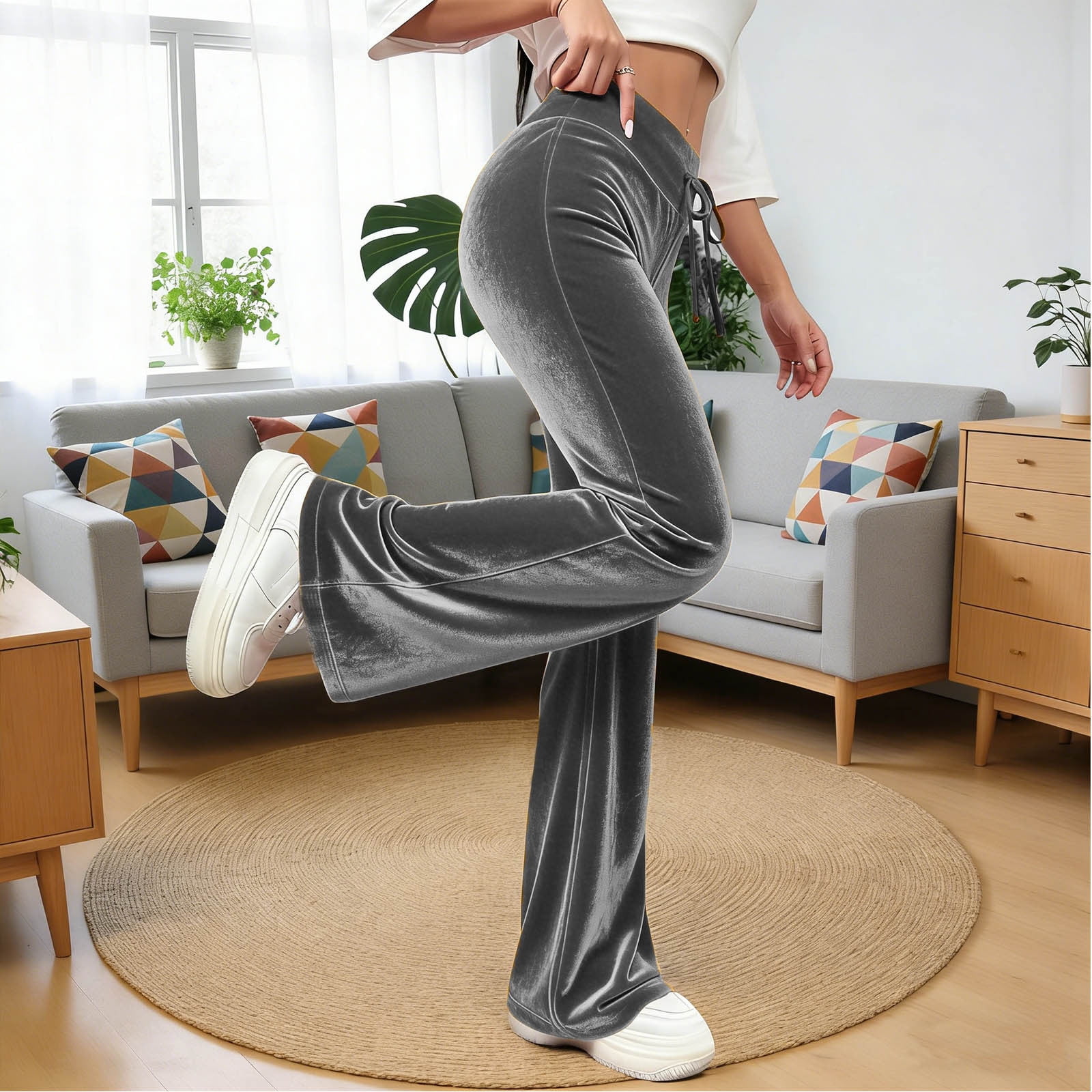 Women's Pants Sevevn Women's Velvet Flare Pants Drawstring High