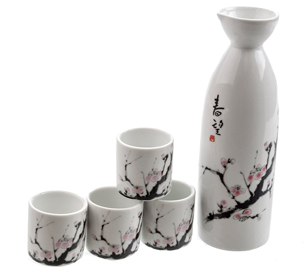 Porcelain Sake Set with White with Large Sakura Flower 