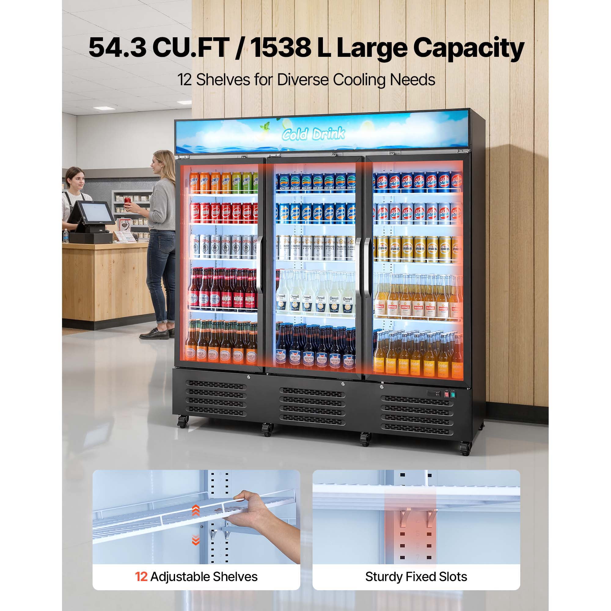 KFFKFF Commercial Merchandiser Refrigerator, 54.3 Cu.Ft / 1538L Beverage Cooler with Glass Doors, Customizable Lightbox, 12 Adjustable Shelves, LED Lighting & Casters