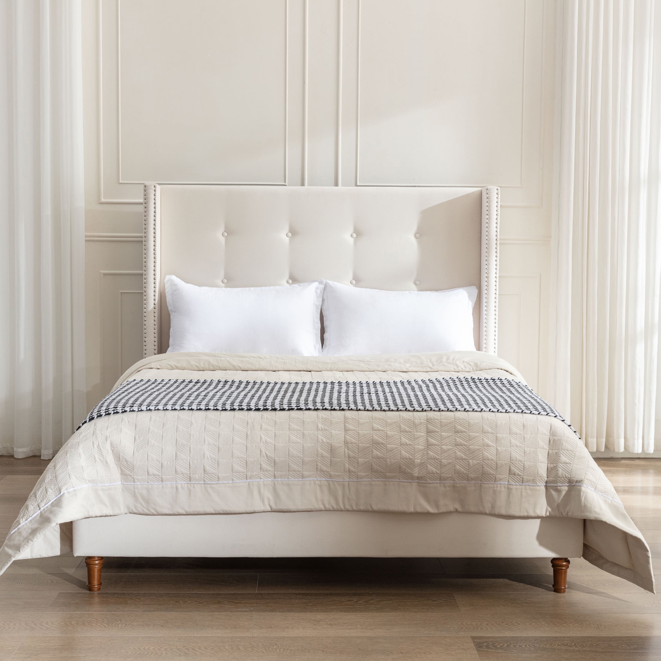Noble House Peyton Indoor Button Diamond Tufted Velvet Upholstery King Bed with Wingback, Ivory