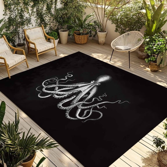 Black Grey Octopus Outdoor Rug for Patio/Deck/Porch, Non-Slip Large Area Rug 3 x 5 Ft, Summer Ocean Animals Vintage Indoor Outdoor Rugs Washable Area Rugs, Reversible Camping Rug Carpet Runner