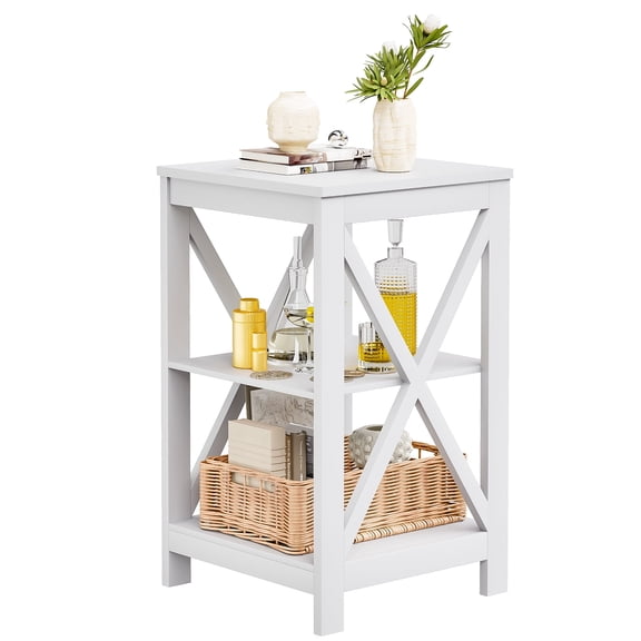 Side Table for Living Room, White End Table with 3-Tier Storage Shelves X-Design Night Stand for Small Spaces Farmhouse Wooden Nightstand for Bedroom Bed Side Office