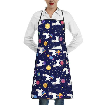 

Pofeuu Lama in Space Print Aprons with Pockets Cute Aprons for Kitchen Cooking Server Barber Chef Apron