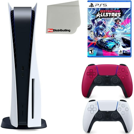 Sony Playstation 5 Disc Version (Sony PS5 Disc) with Cosmic Red Extra Controller Destruction Allstars and Microfiber Cleaning Cloth Bundle