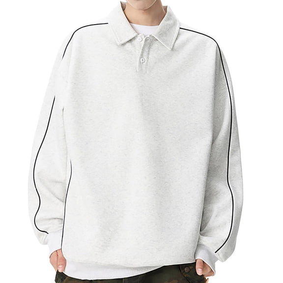 Kakii Men's Sporty Collared Shirt with Striped Sleeves, Long Sleeve Button Down Top, Classic Casual Polo Style Shirt