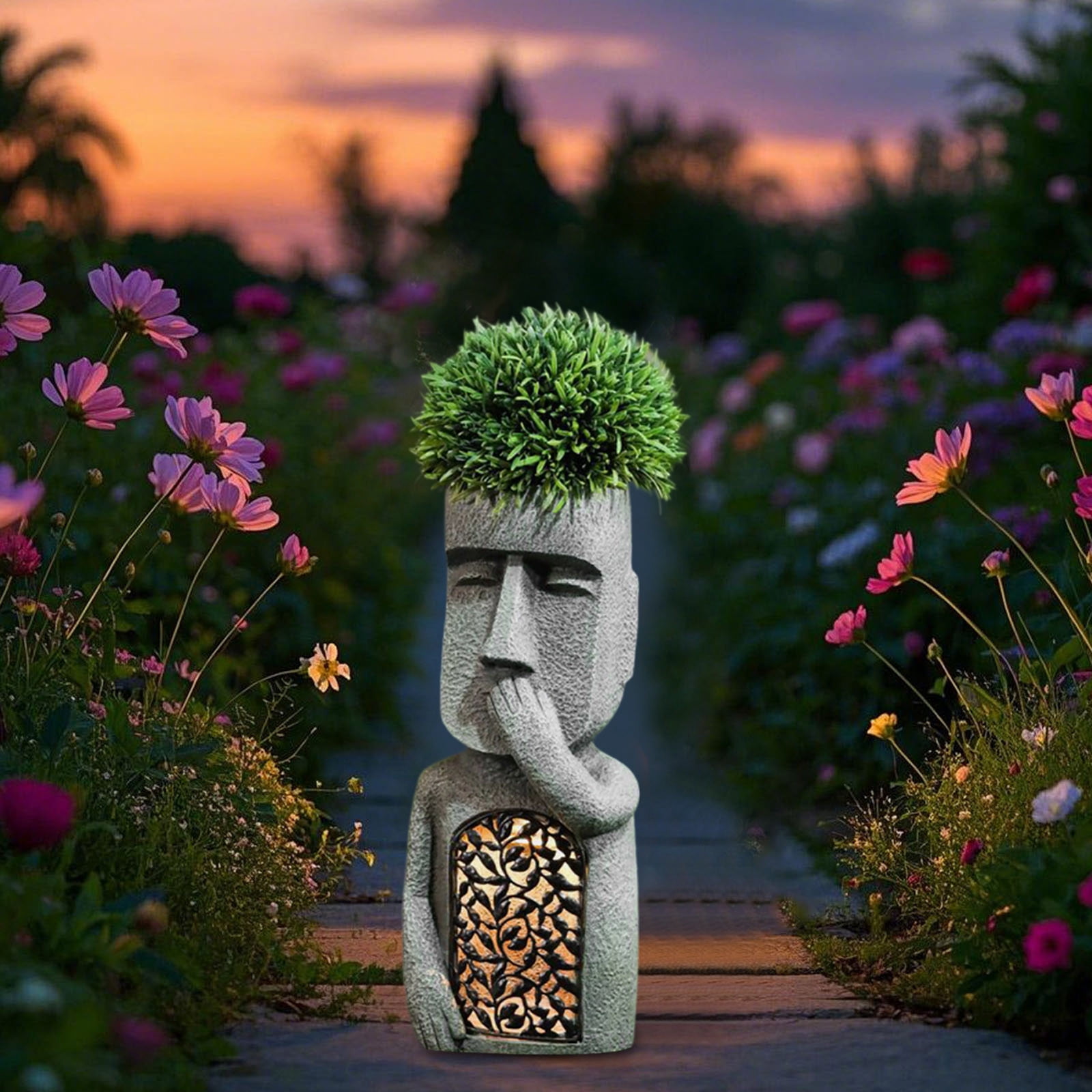 Solar Powered Moai Statue Planter - Easter Island Head Garden Decor with Built-in Solar Light, Outdoor Resin Sculpture for Yard, Patio & Terrace - Unique Garden Art Gift