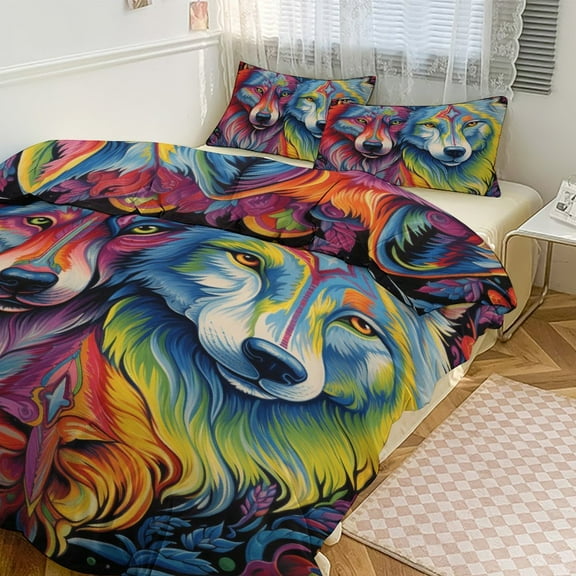 Psychedelic Wolves Animals Duvet Cover Set Bedding Set Polyester Quilt Cover for Bedroom Decoration