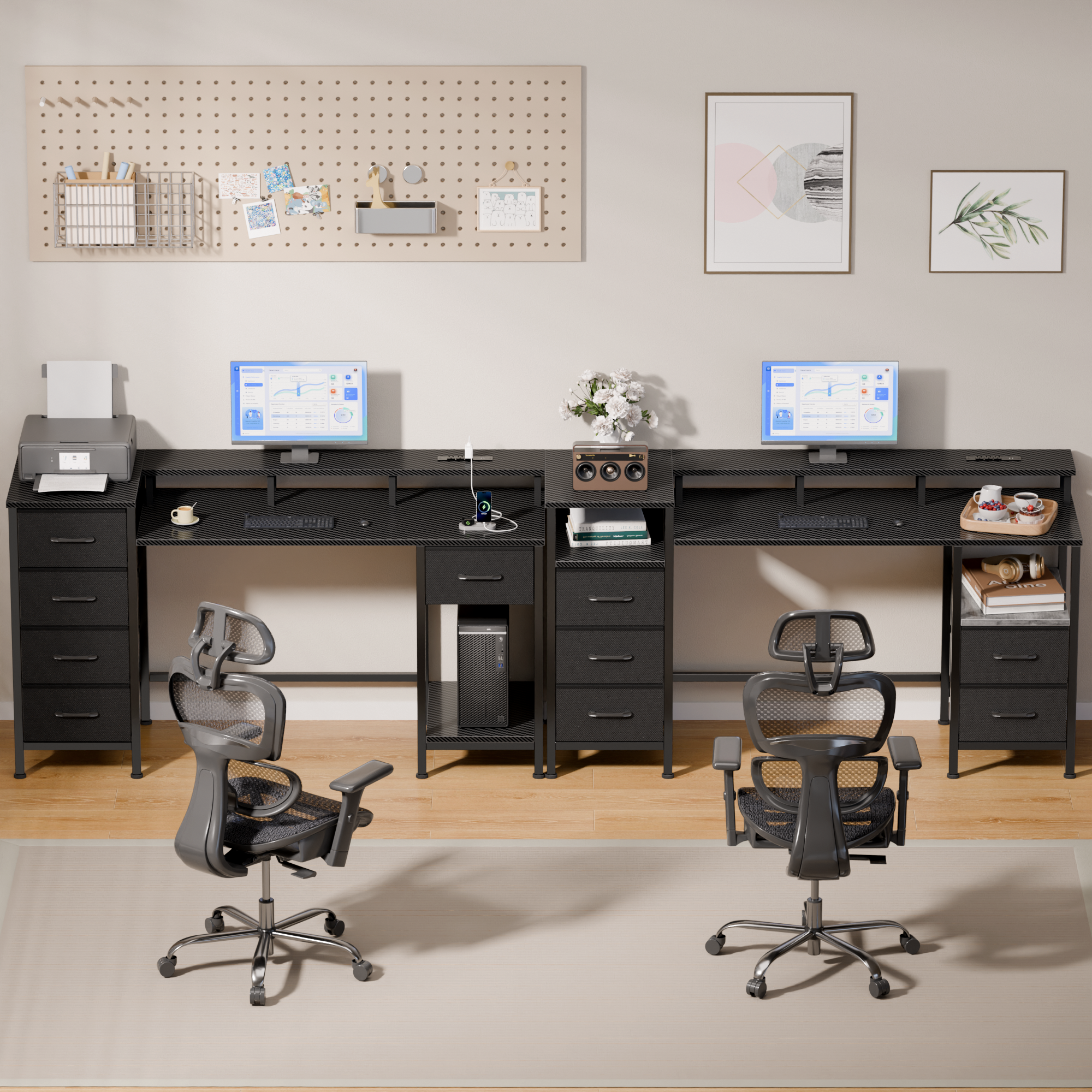 Satifur Gaming Desk with LED Lights & Power Outlets, 47" Computer Desk with 5 Fabric Drawers & Open Storage, Reversible Home Office Desk,Carbon Fiber Black