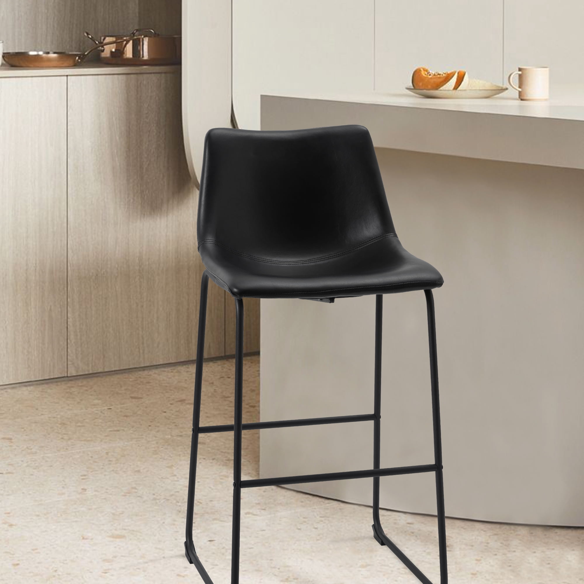 Set of 2 Fabric Bar Stools Low Back Counter Height Bar Stool with Leather Pub Chairs Height 39" Black