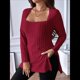 thumbnail image 4 of Camisas de Larga para Mujer, Blusas Casuales Modernas con Cuello Cuadrado, Suéteres Ligeros. Vino Tinto XXXL, 4 of 7