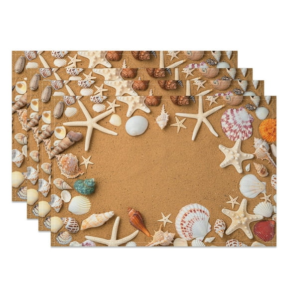 MIZHONA Ocean Beach Placemats Set of 4,Coastal Seashell Linen Table Mats for Table Decorations 12x18 in