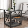 thumbnail image 3 of LUFTUT 21" Industrial Grey Side Table with Tempered Glass Top, 3-Tier Nightstand with Storage Drawer & Metal X-Frame, Grey Wood MDF End Table for Living Room & Bedroom, Support up to 110lbs, 3 of 9