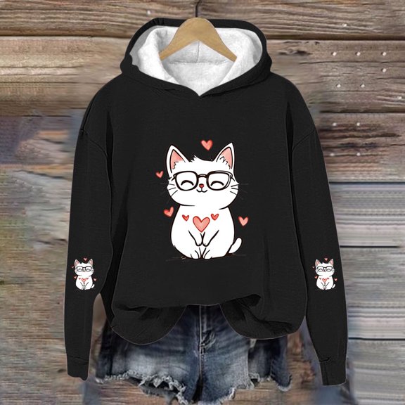 Girls Cropped Hoodie - Cute Cat with Heart Graphic Fleece Lined Long Sleeve, Soft Stretch 95% Polyester 5% Spandex, Black, Size 110-160 for 4-12 Years Old,Size 7-8T