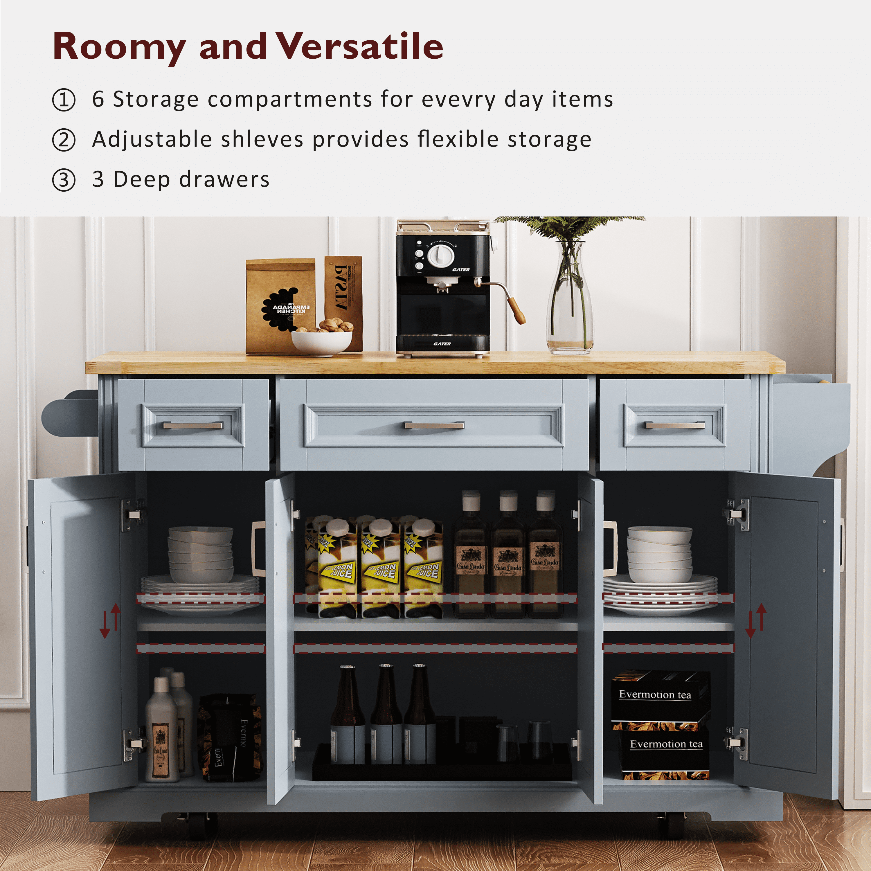 DTTRA 54" Large Kitchen Island with Rubber Wood Drop Leaf, Rolling Kitchen Cart on Wheels with 4 Doors, 3 Drawers & Adjustable Shelves, Rustic Embossed Texture Storage Cabinet for Kitchen,Dining Room