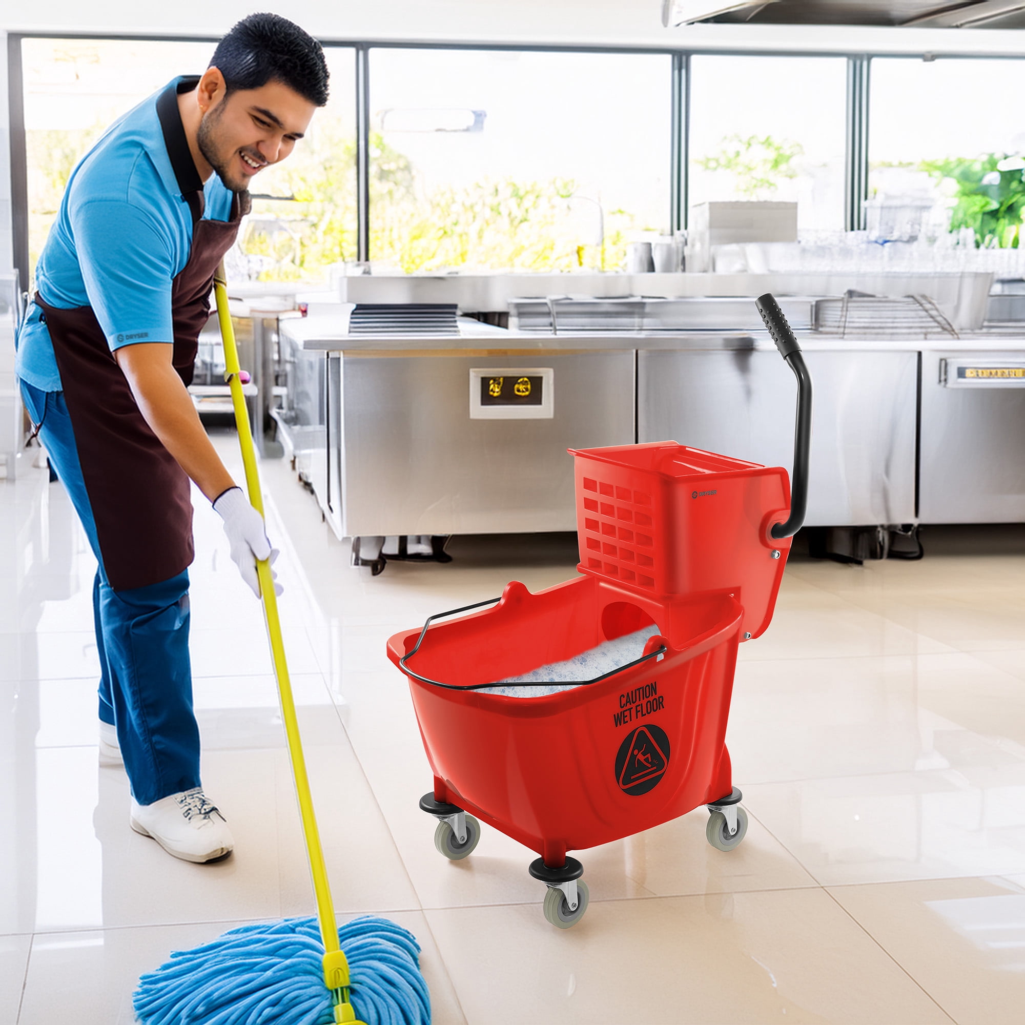 Dryser Commercial Mop Bucket with Side Press Wringer, 33 Quart, Red