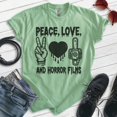 thumbnail image 2 of Peace Love And Horror Tee, Unisex Women's Men's Shirt, Horror Movie Classic Film Lover Halloween Gift, Heather Apple Green, X-Small, 2 of 6