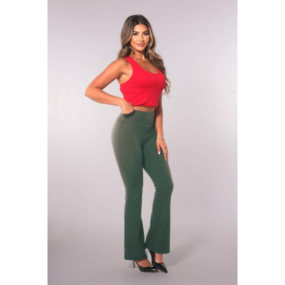 High Waist Soft Brushed Stretch Knit Flare Pants - Dark Green