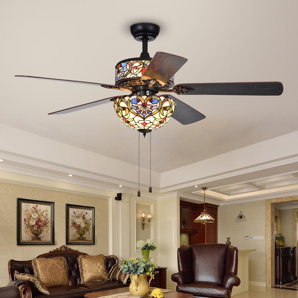 Ransoe 6-Light Blue Heart Tiffany 5-Blade 52-Inch Matte Black Ceiling Fan