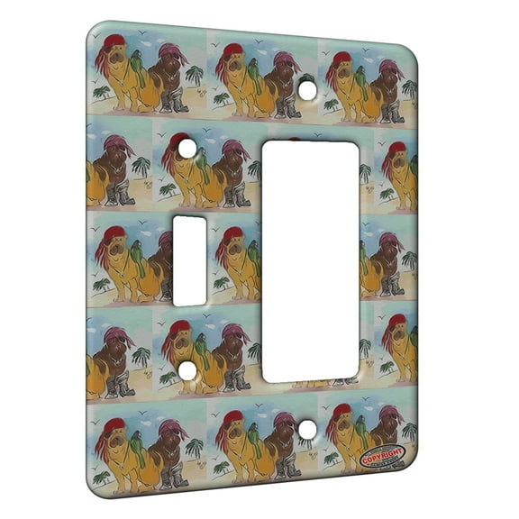 KuzmarK™ 2 Gang Single Toggle / Single Duplex Rocker Wall Plate - Chinese Shar Pei Pirate Dogs with Parrot Dog Modern Art by Denise Every