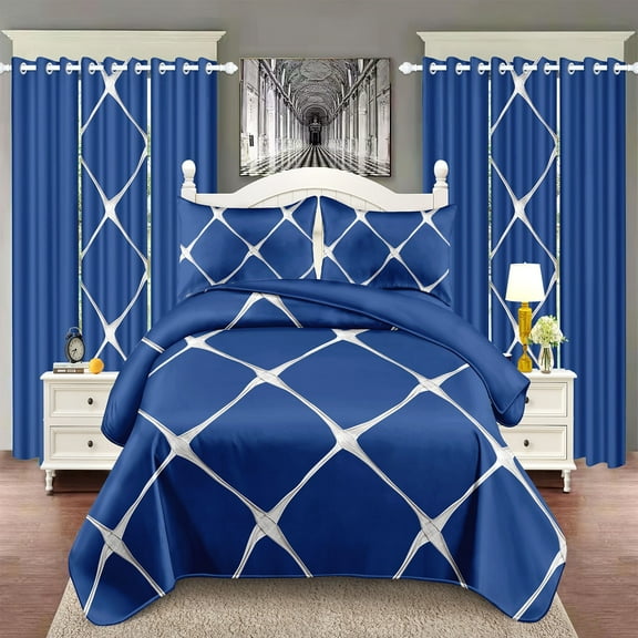 Home 9 Piece Comforter Set, Adult,Lightweight Comforter with 2 Pillow Shams, 6 Matching Curtains Queen, Blue, 86x86In
