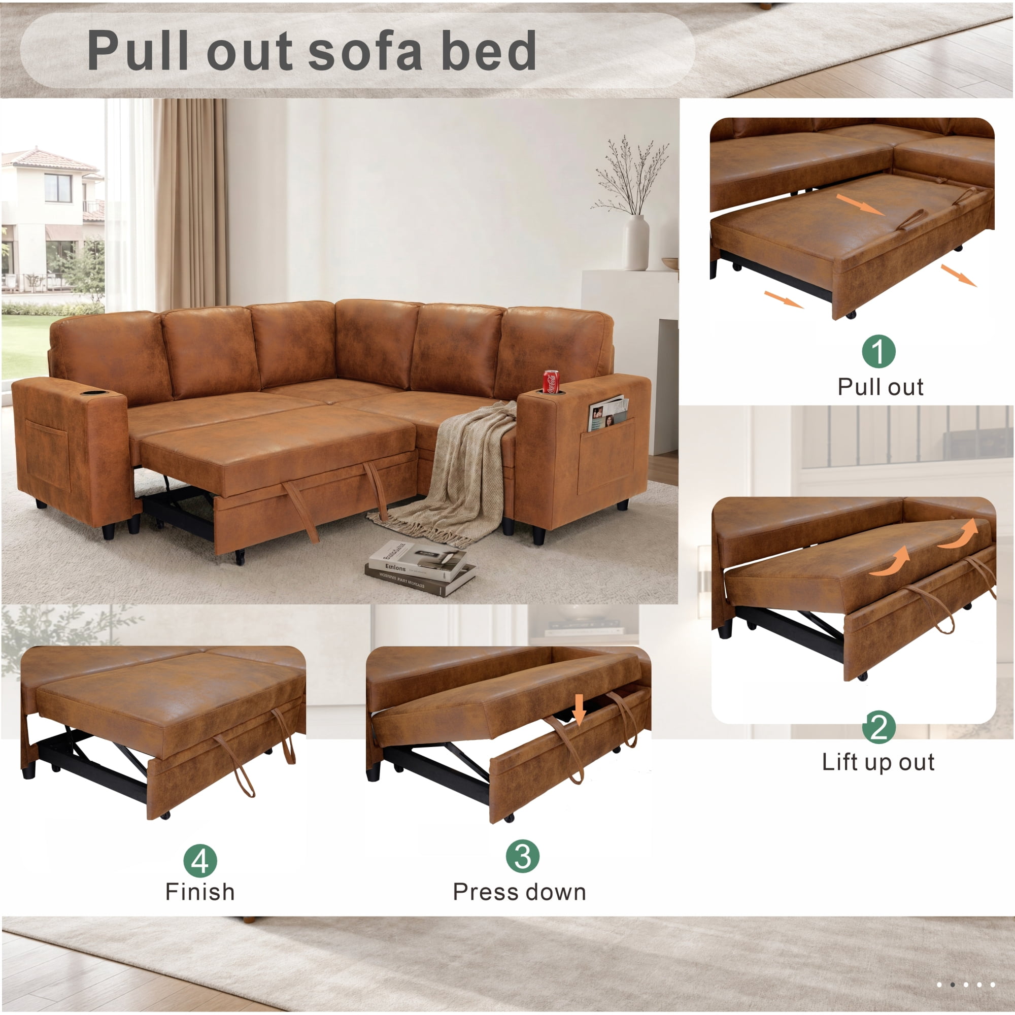 Leumius 76.5" Sectional Sleeper Sofa with Pull Out Bed,Storage Seat & Cup Holders,L-Shape Modern Upholstered Sofa Couch Convertible Corner Couch for Living Room,