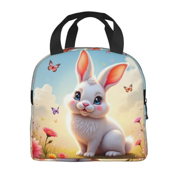 Portable Lunch Bag Insulated Cute Bunny In Flowers And Butterflies Digital Painting Lunch Box Reusable Tote Bag Unisex for Work, Travel, Picnic, Office, Camping, Hiking, Picnic, Beach