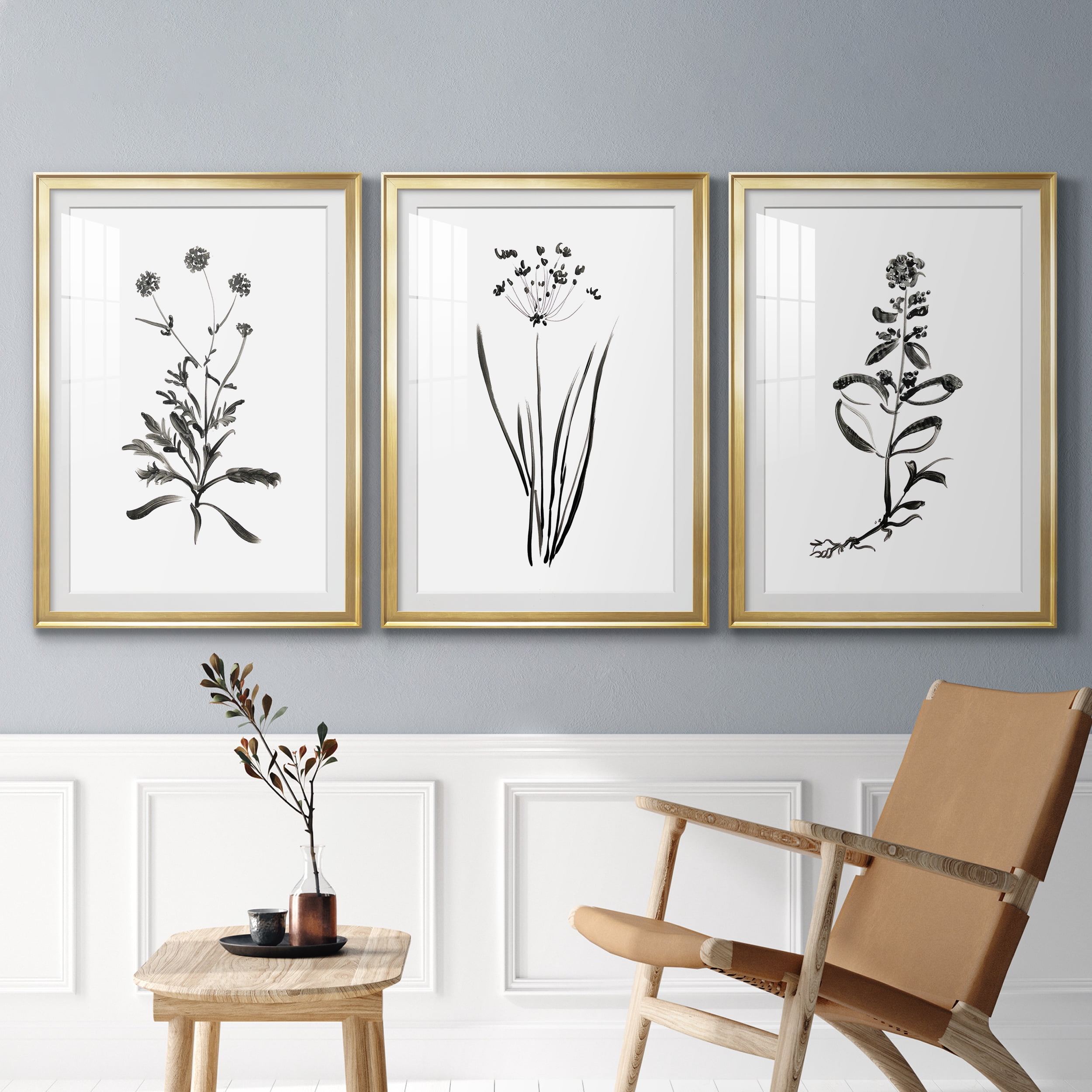 Inky Botanical I Premium Framed Prints Set of 3 - Ready to Hang - 26.5 x 36.5 Each - Gold Frame