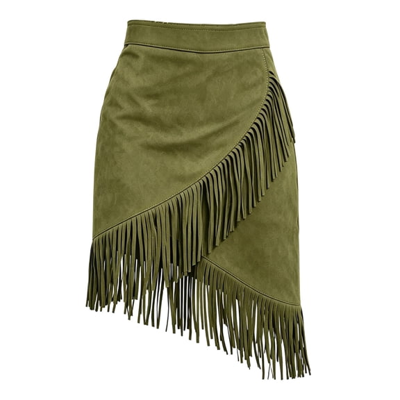 ZHOGXU Vintage Boho Midi Skirts For Womens Solid Color Fall Winter Mid Waist A Line Fringe Trim Asymmetrical Hem Party Club Wear