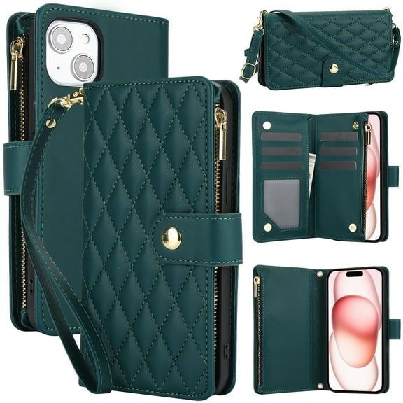 Phone Case for Apple iPhone 13, Premium iPhone 13 Case with Wallet, Card Holder, Coin Zipper Pocket Shockproof Flip Cover Stand with Wrist Strap & Detachable Shoulder Strap,Green