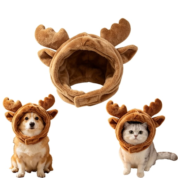 Qocolcyl Christmas Dog & Cat Reindeer Antler Hat, Soft Plush Adjustable Pet Headdress Costume Accessory for Small Medium Dogs Cats, Holiday Party Photo Prop