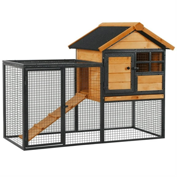 Demi Bonn 48" Wooden Rabbit Hutch with Slide-out Tray, Outdoor Small Animal Habitat Chicken Coop Bunny Cage for Bunnies, Guinea Pigs, Yellow