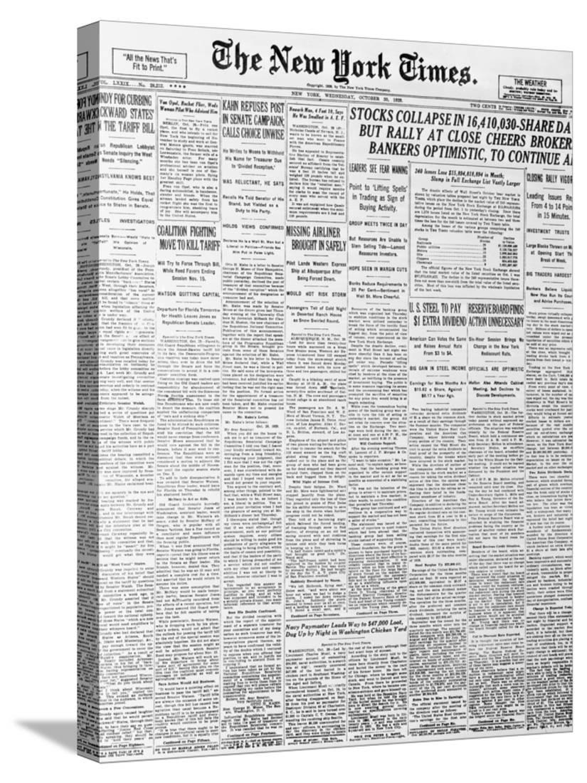 1929 Cover of New York times Newspaper, GalleryWrapped Canvas Print