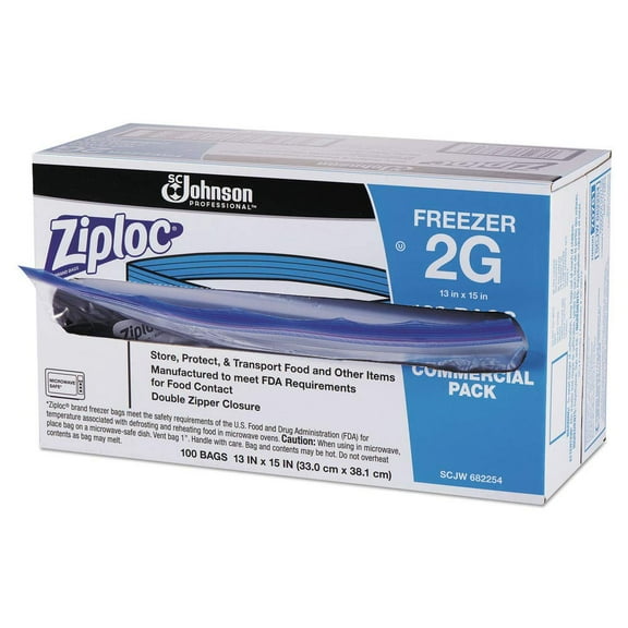 Ziploc 682254 Commercial Resealable Freezer Bag, Zipper, 2gal, 13 x 15 1/2, Clear, 100/Carton