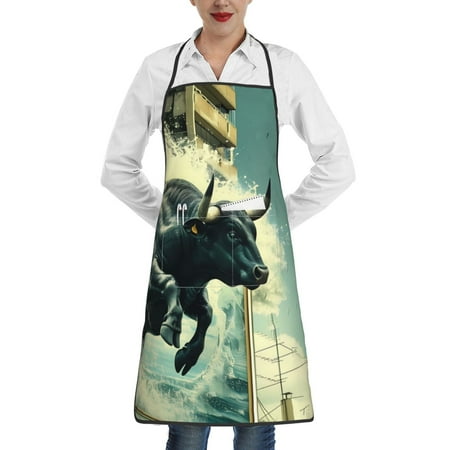 

Rocae Bull Charging Through Waves for Kitchen Aprons for Women Adjustable Cooking Kitchen Chef Apron for Men with Pockets