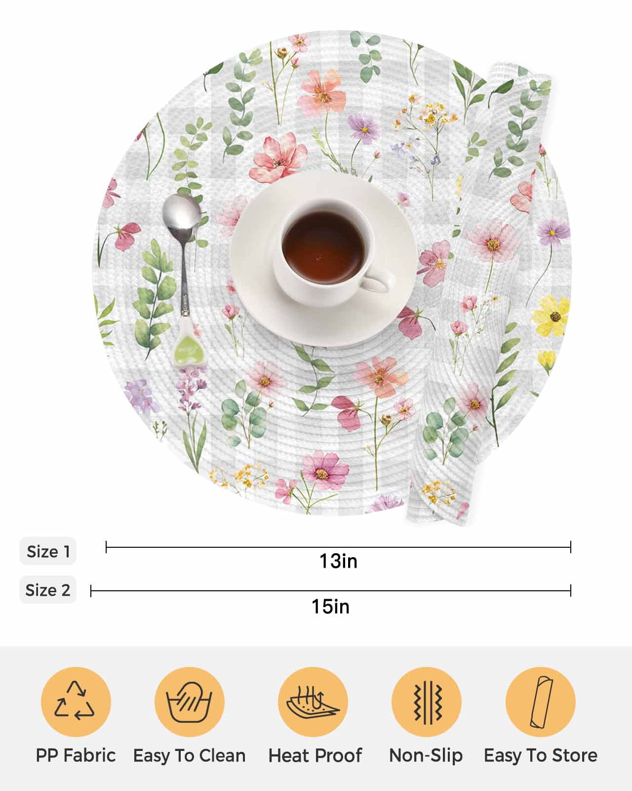 13 Inch Round Placemats Set of 4, Pink Spring Floral Non Slip Heat Insulation PP Table Mats, Flowers Botanical Elegant Grey Checkered Washable Place Mats for Kitchen Dining Party Table Decor