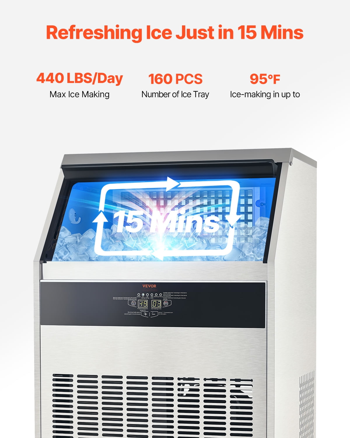 VEVOR 440lbs/24H Commercial Ice Maker,160 Ice Cubes in 15 Minutes, Freestanding Ice Maker Machine with 88lbs Large Storage Capacity for Bar Office Restaurant