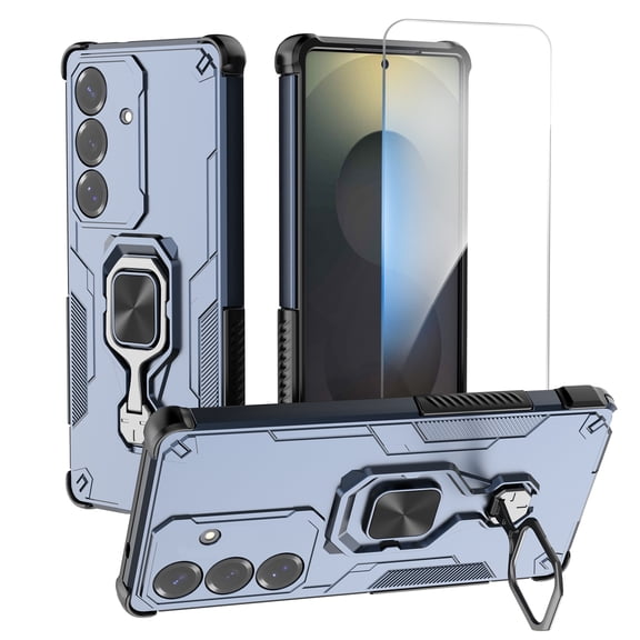 Allytechgroup Rugged Case for Samsung Galaxy A17 5G, with Tempered Glass Screen Protector Ring Kickstand Holder Heavy Duty Shockproof Cover, Blue
