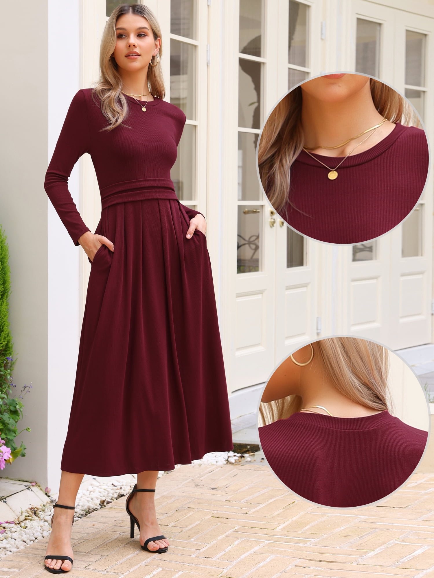 DARING DIVA Women's Long Sleeve Maxi Casual Formal Spring A-Line Dress M Burgundy