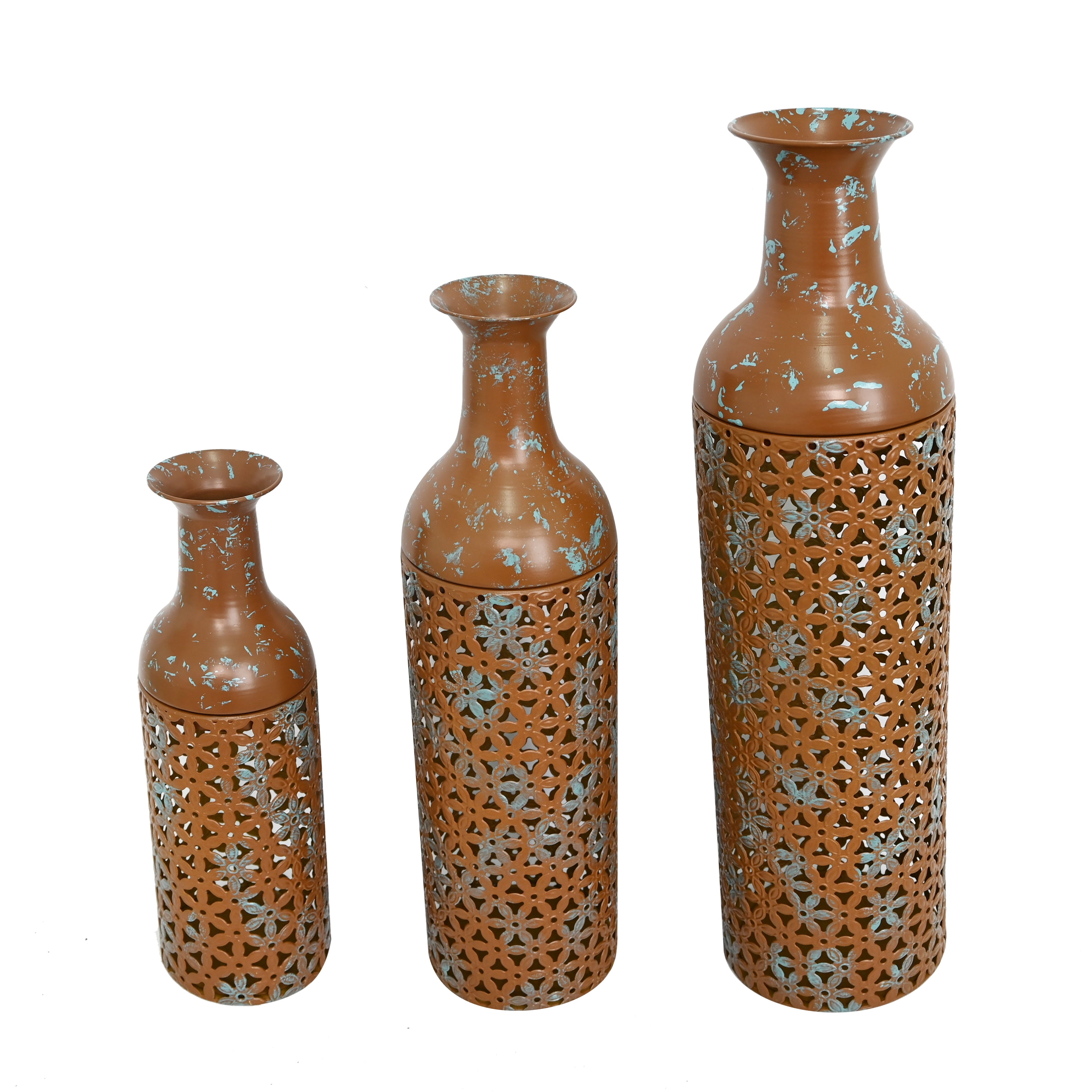 Metal Floor Vases Set of 3 with Leaf Pattern, Tall Decorative Vases and Home Decor Accents for Living Room Entryway, Rustic Brown