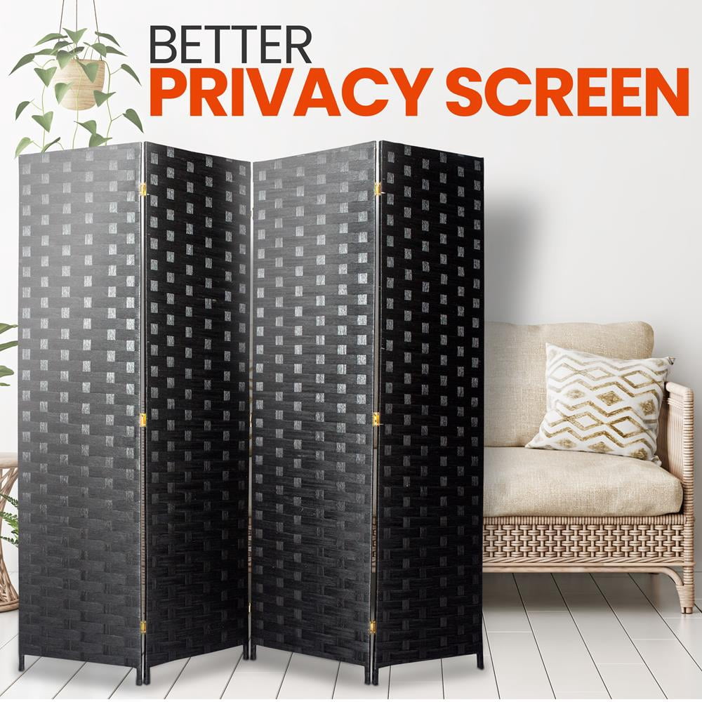 SereneLife 4-Panel Portable Lightweight Freestanding Indoor Foldable Woven Fiber Room Divider, Black