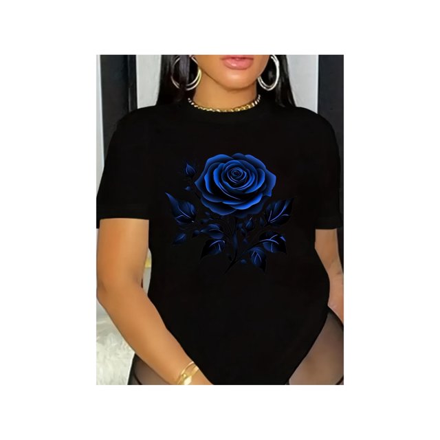 Cotton Short Sleeve T-Shirt Blue Rose Floral Print's Casual T-Shirt - All-Season Comfort, Machine Washable Round Neck Tee with Medium Stretch, Regular Fit for Casual Attire, Ladies T Shirts