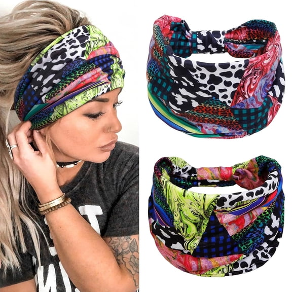 2 Packs Headbands for Women Boho Extra Wide 7’’ Head Bands Tie Dye African Knotted Non Slip Fashion Printed Hair Band Stretch Yoga Workout Running Gym Hairbands Turban Bandana for Girls