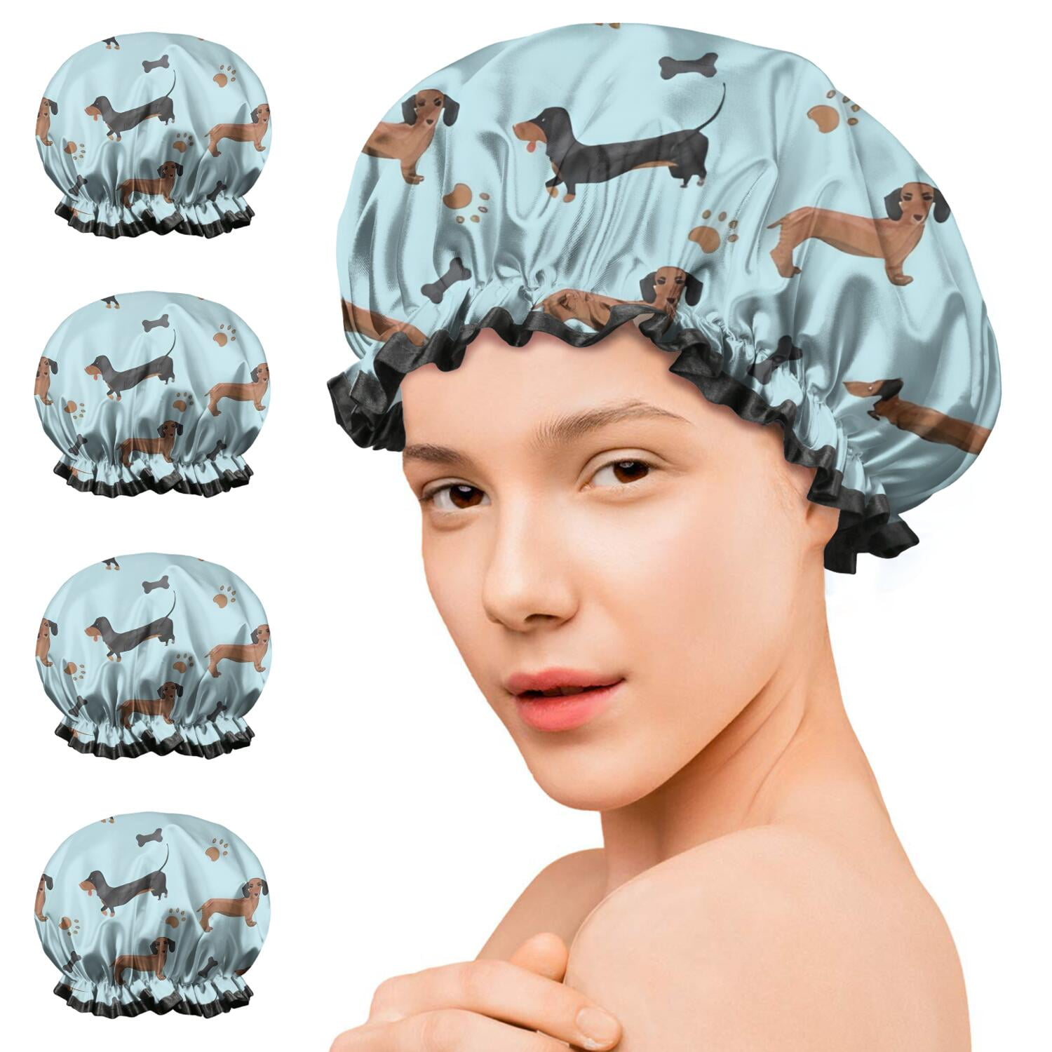 Shower Caps,Dachshund Footprint Bone Waterproof Shower Cap for Women 4 Pieces,Double Reusable Hair Cover for Shower PEVA Elastic Stretch Hem