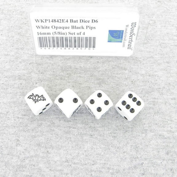 Bat Dice D6 White Opaque with Black Pips 16mm (5/8in) Set of 4 Wondertrail