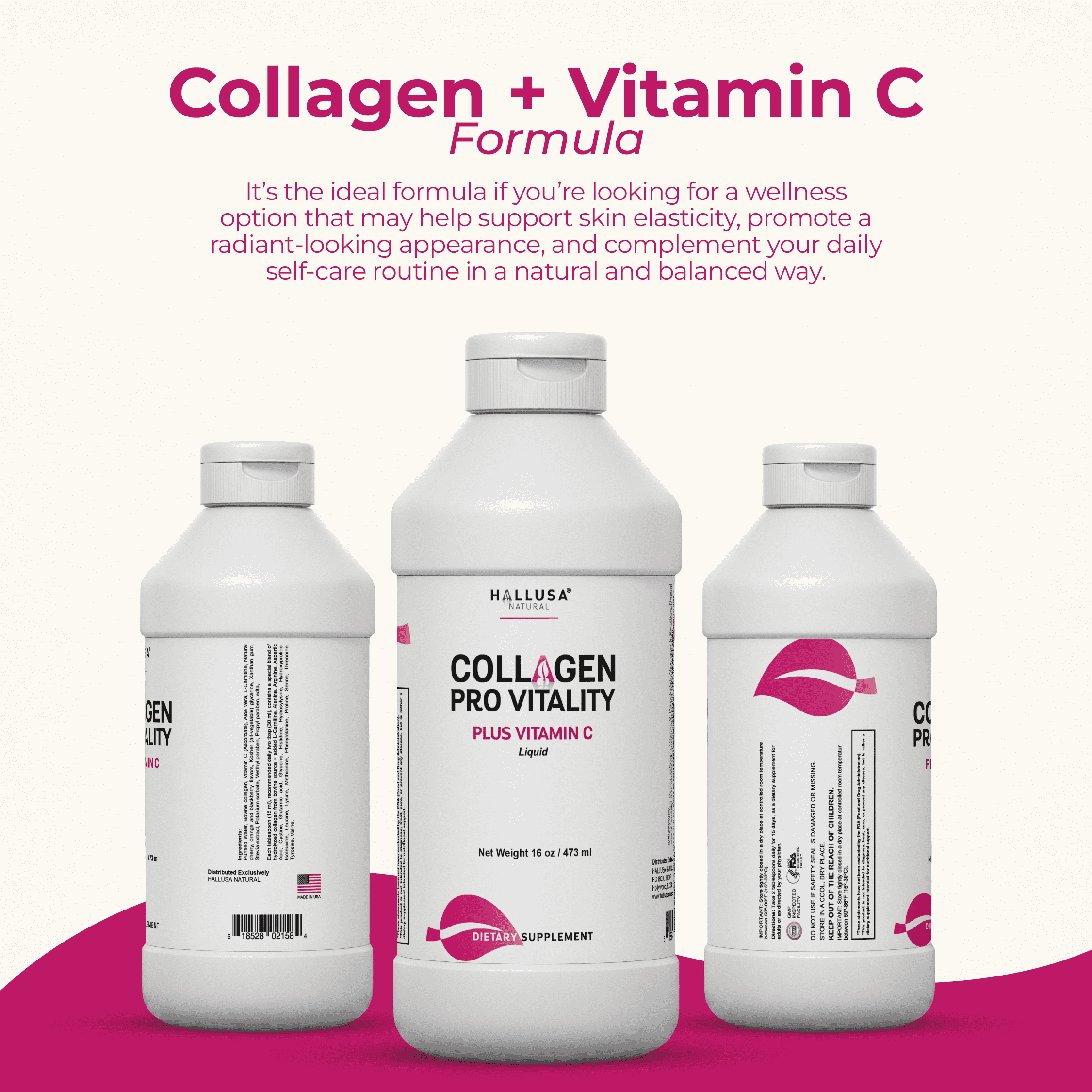 HALLUSA NATURAL Collagen Supplements with Vitamin C, Liquid Hydrolyzed Collagen 16oz for Hair, Skin, Nails, Bone & Joint Support